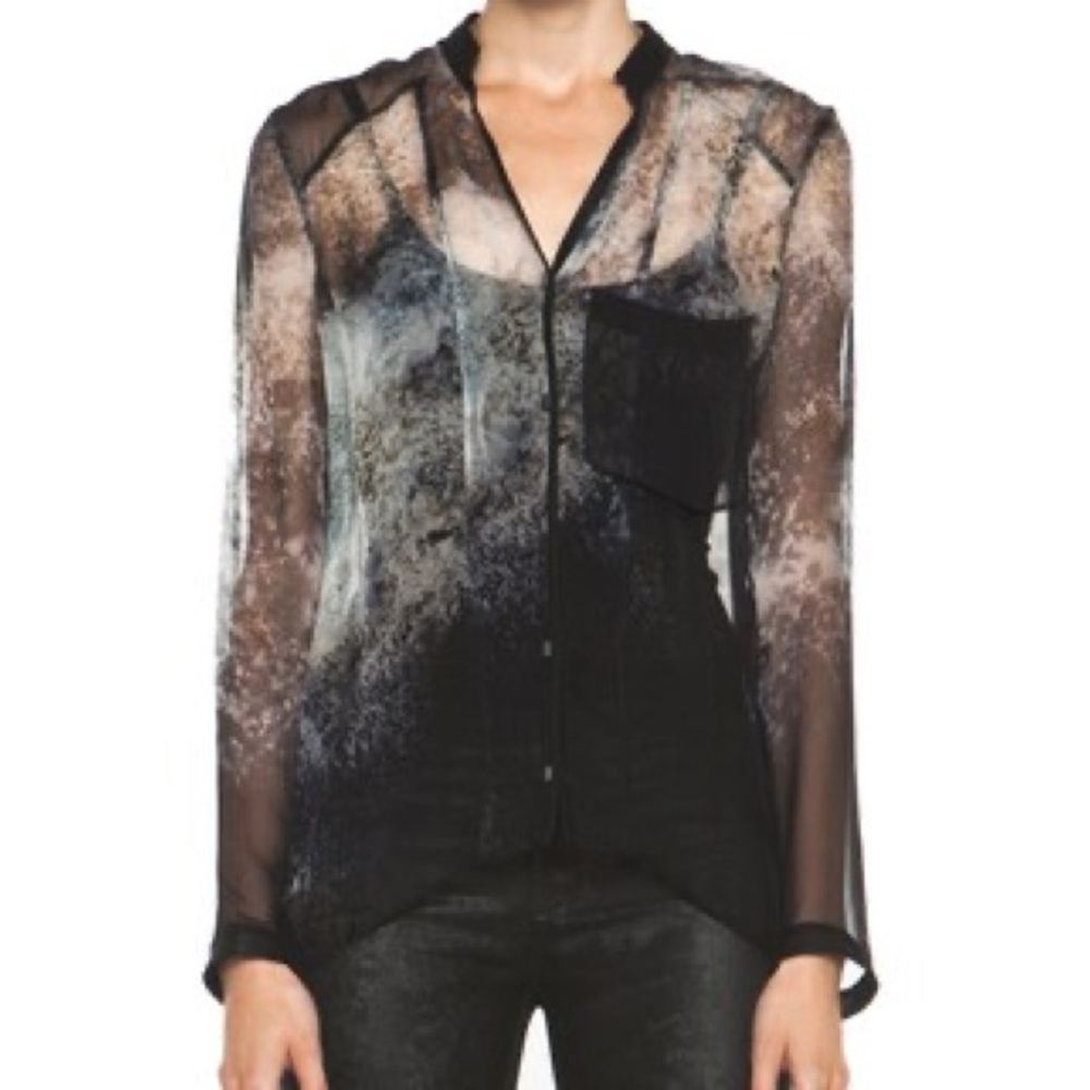Helmut Lang Oxide Silk Blouse Sheer Black and Gray Women's Top, Small